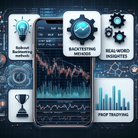 Prop trading mobile app interface showing backtesting data and performance metrics