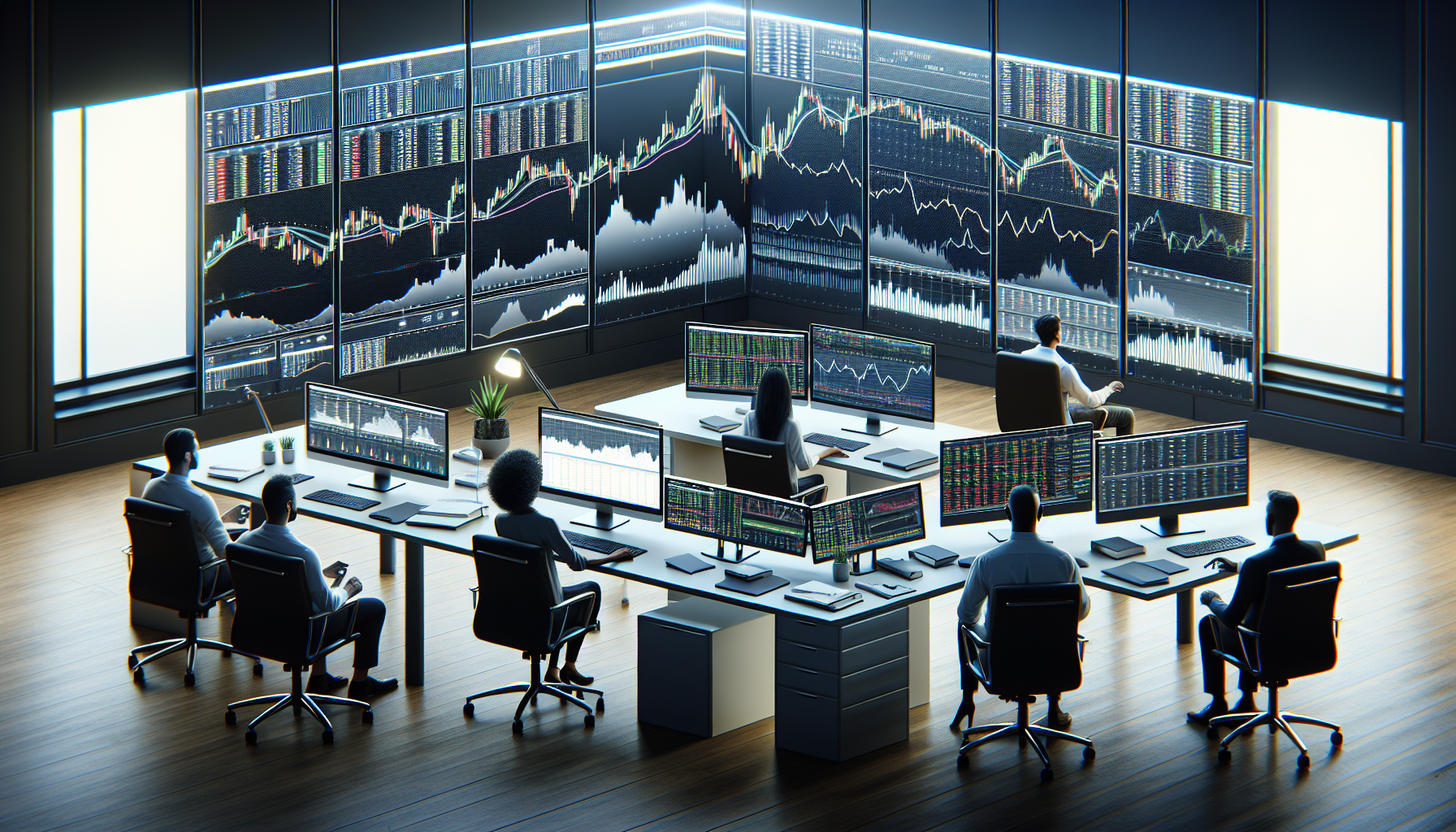 Promotional image for trading desk equipment showcasing modern setup