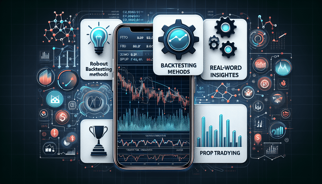 Prop trading mobile app interface showing backtesting data and performance metrics